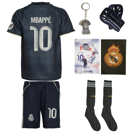 Mbappe Jersey No. 10 Maxi Set Away Edition Black 2026 – 6-Piece Football Gift Kit incl. Socks & Keychain & Shin Guard & Poster