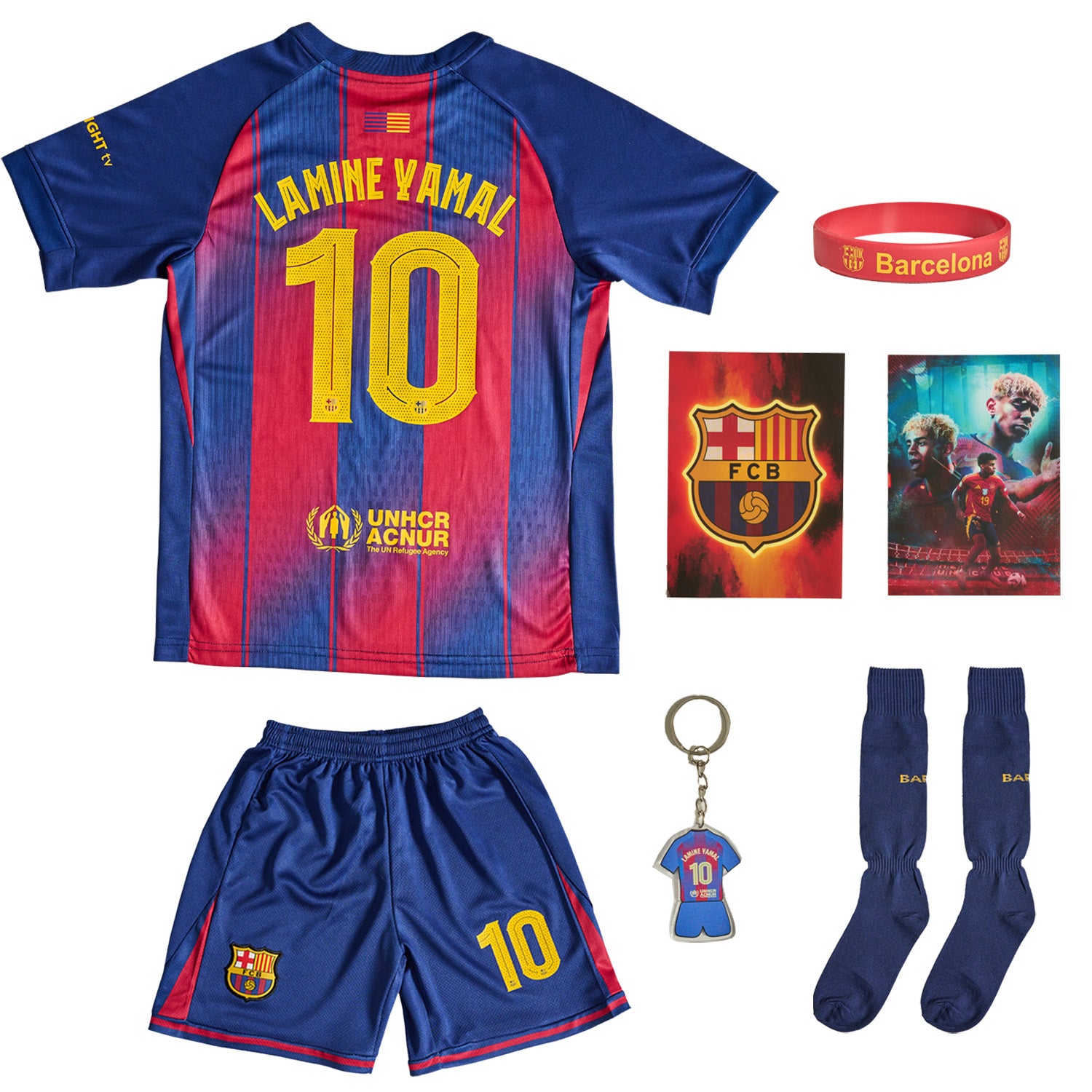 LAMİNE YAMAL Maillot n° 10 Maxi Set Édition Joueur 2026 – Coffret Cadeau Football 6 Pièces comprenant Chaussettes, Porte-clés, Bracelet et Poster 